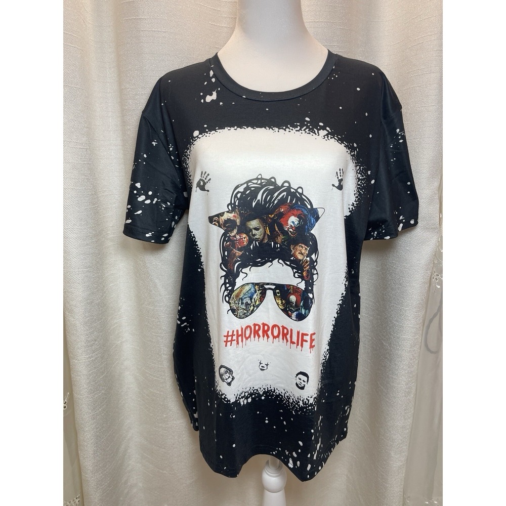 Horror Life Black White Splash Graphic T Shirt Jason Freddy Pennywise Mens M